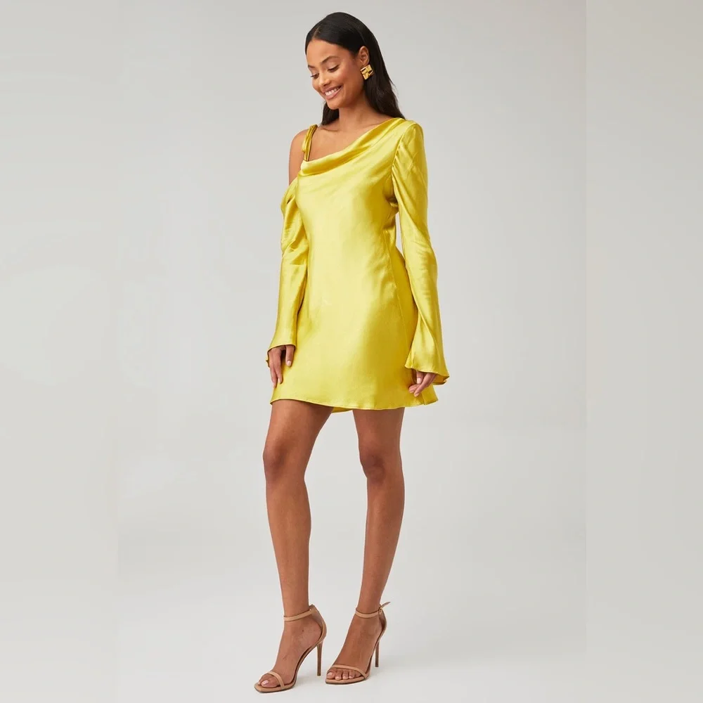 Shona Joy Sofia Asymmetrical Long Sleeve Mini Dress – Lime size US 0 - Picture 2 of 8